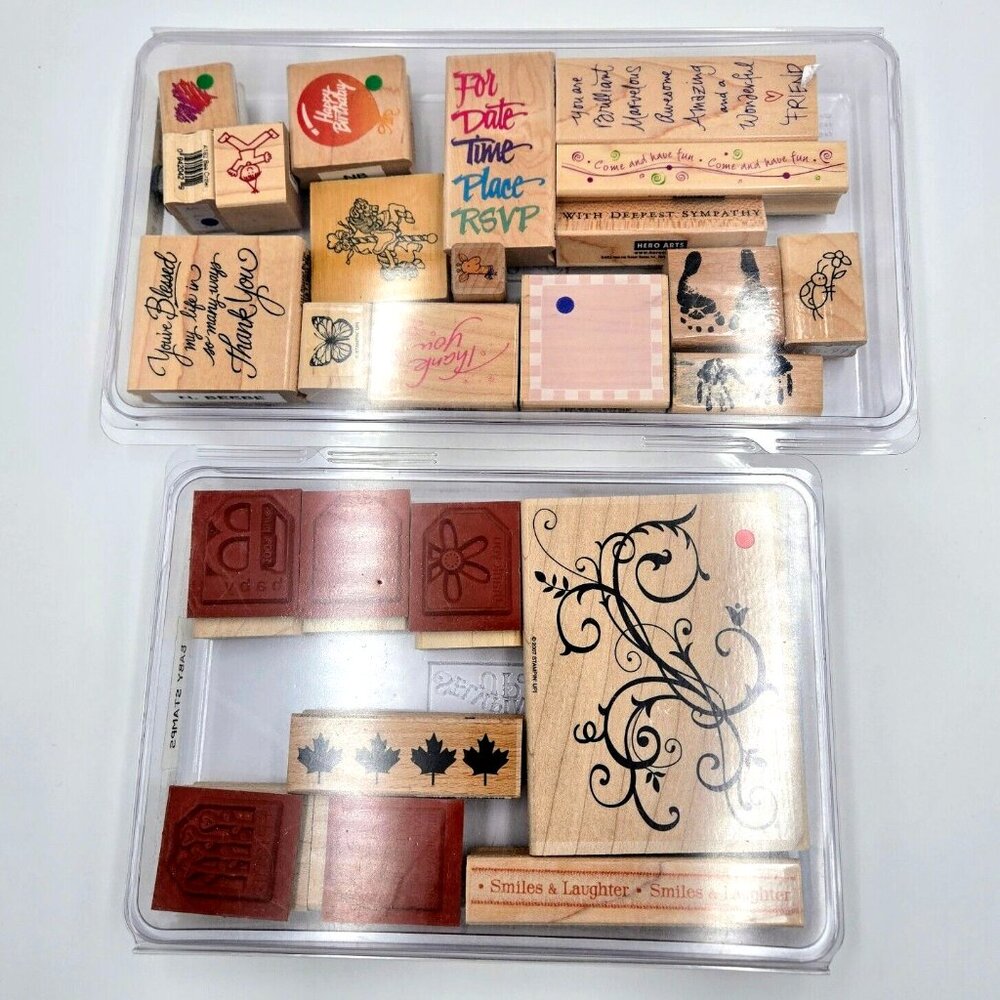 Wood Stamps Lot Birthday Baby Thanks Butterfly Bee Tags Swirl Maple Leaf Crafts
